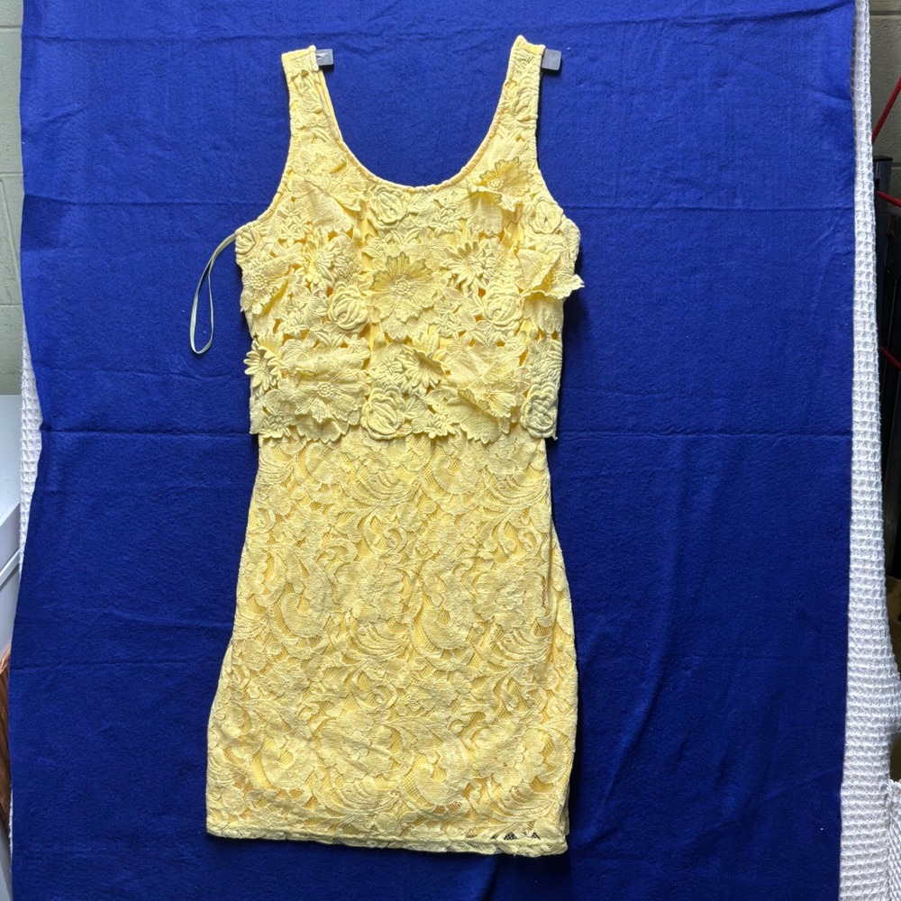 Cottagecore Womens Filly Flair 3D Floral Lace Mini Dress M Yellow